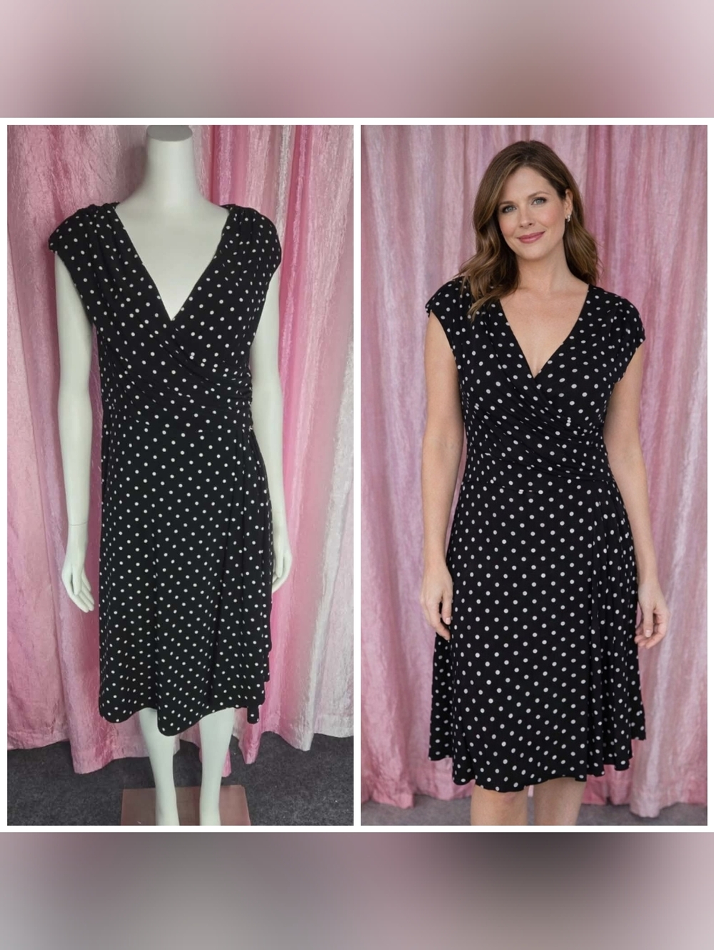 Lauren Ralph Lauren Polka Dot Faux Wrap Ruched Stretch Dress Size 10
